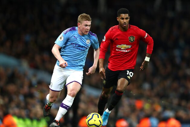 MANCHESTER, ENGLAND - DECEMBER 07: Kevin De Bruyne of Manchester City ad Marcus Rashford of Manchester United in action during the Premier League match between Manchester City and Manchester United at Etihad Stadium on December 07, 2019 in Manchester, United Kingdom. (Photo by Chloe Knott - Danehouse/Getty Images) MANCHESTER, ENGLAND - DECEMBER 07: Kevin De Bruyne of Manchester City ad Marcus Rashford of Manchester United in action during the Premier League match between Manchester City and Manchester United at Etihad Stadium on December 07, 2019 in Manchester, United Kingdom. (Photo by Chloe Knott - Danehouse/Getty Images)