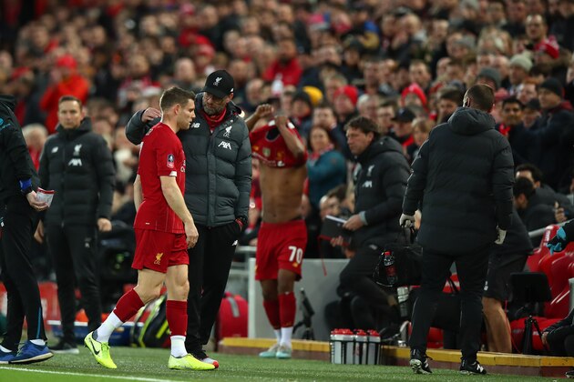 LIVERPOOL, ENGLAND - JANUARY 05: James Milner of Liverpool leaves the games after suffering an injury during the FA Cup Third Round match between Liverpool and Everton at Anfield on January 5, 2020 in Liverpool, England. (Photo by Robbie Jay Barratt - AMA/Getty Images)