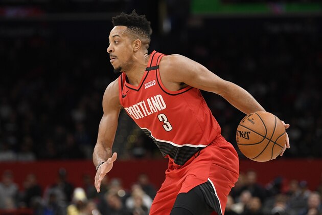 Portland Trail Blazers guard CJ McCollum (3) dribbles the ball during the first half of an NBA basketball game against the Washington Wizards, Friday, Jan. 3, 2020, in Washington. (AP Photo/Nick Wass)