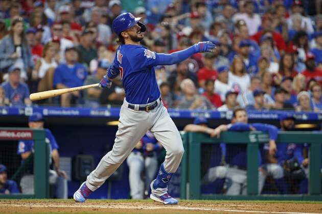Chicago Cubs' Kris Bryant in action during the third inning of a baseball game against the Philadelphia Phillies, Thursday, Aug. 15, 2019, in Philadelphia. The Phillies won 7-5. (AP Photo/Chris Szagola)