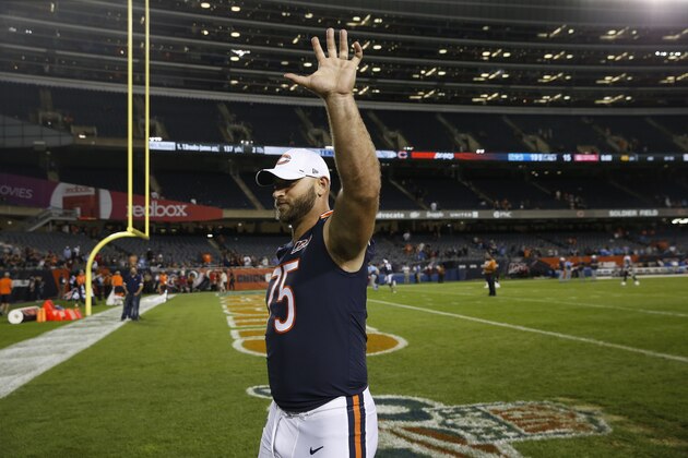 CHICAGO, ILLINOIS - AUGUST 29: Kyle Long #75 of the Chicago Bears waves to the fans following a preseason game against the Tennessee Titans at Soldier Field on August 29, 2019 in Chicago, Illinois. (Photo by Nuccio DiNuzzo/Getty Images)