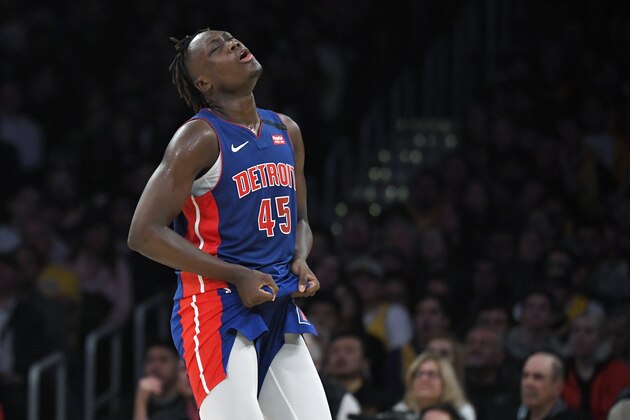 Detroit Pistons forward Sekou Doumbouya reacts as the Los Angeles Lakers score during the second half of an NBA basketball game, Sunday, Jan. 5, 2020, in Los Angeles. The Lakers won 106-99. (AP Photo/Mark J. Terrill)