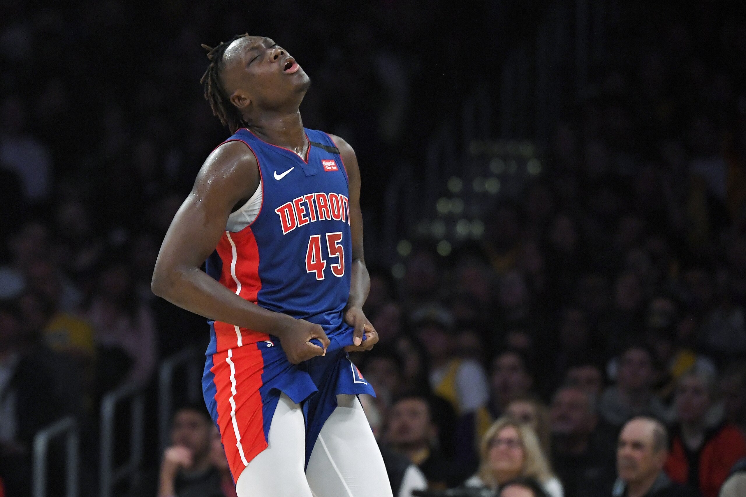 Detroit Pistons forward Sekou Doumbouya reacts as the Los Angeles Lakers score during the second half of an NBA basketball game, Sunday, Jan. 5, 2020, in Los Angeles. The Lakers won 106-99. (AP Photo/Mark J. Terrill)