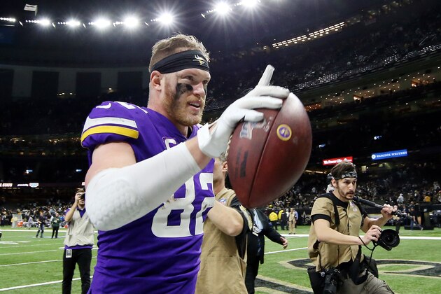NEW ORLEANS, LOUISIANA - JANUARY 05: Kyle Rudolph #82 of the Minnesota Vikings celebrates after defeating the New Orleans Saints 26-20 during overtime in the NFC Wild Card Playoff game at Mercedes Benz Superdome on January 05, 2020 in New Orleans, Louisiana. (Photo by Chris Graythen/Getty Images)