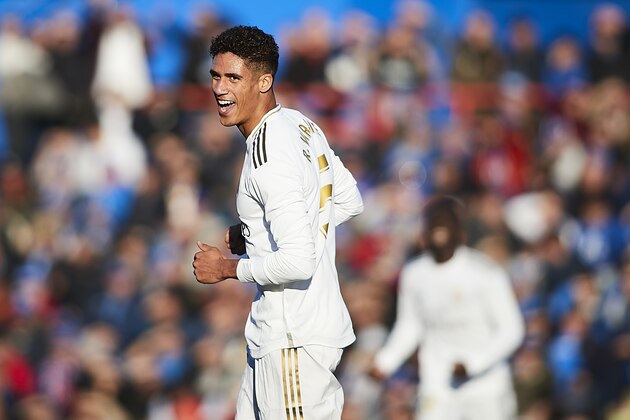 GETAFE, SPAIN - JANUARY 04: Raphael Varane of Real Madrid CF celebrates scoring his team's opening goal during the Liga match between Getafe CF and Real Madrid CF at Coliseum Alfonso Perez on January 04, 2020 in Getafe, Spain. (Photo by Quality Sport Images/Getty Images)