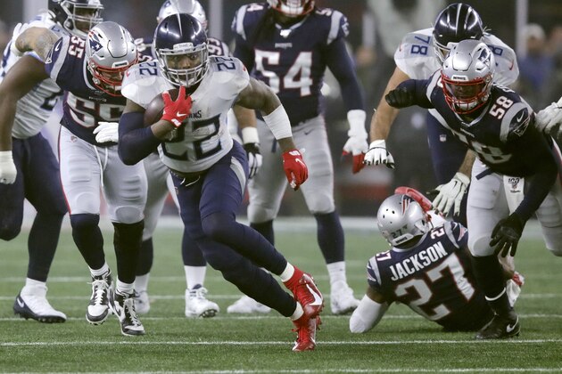 Tennessee Titans running back Derrick Henry runs from New England Patriots defenders in the first half of an NFL wild-card playoff football game, Saturday, Jan. 4, 2020, in Foxborough, Mass. (AP Photo/Charles Krupa) Tennessee Titans running back Derrick Henry runs from New England Patriots defenders in the first half of an NFL wild-card playoff football game, Saturday, Jan. 4, 2020, in Foxborough, Mass. (AP Photo/Charles Krupa)