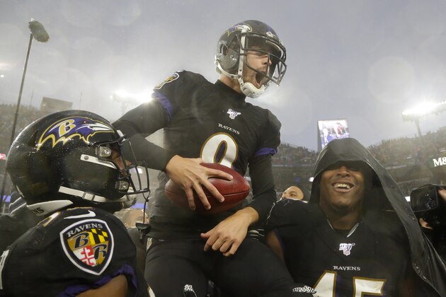 Baltimore Ravens kicker Justin Tucker (9) is carried off field by his teammates after making a game winning field goal against the San Francisco 49ers in an NFL football game, Sunday, Dec. 1, 2019, in Baltimore, Md. Ravens won 20-17. (AP Photo/Julio Cortez)