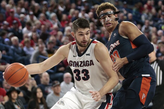 SPOKANE, WASHINGTON - JANUARY 04: Killian Tillie #33 of the Gonzaga Bulldogs controls the ball against Kameron Edwards #20 of the Pepperdine Waves in the first half  at McCarthey Athletic Center on January 04, 2020 in Spokane, Washington. (Photo by William Mancebo/Getty Images)