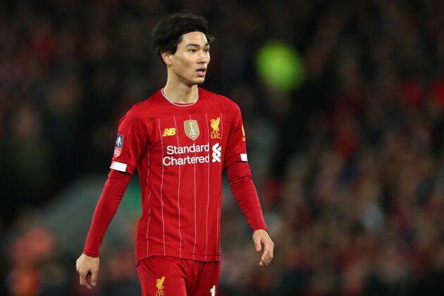 LIVERPOOL, ENGLAND - JANUARY 05: Takumi Minamino of Liverpool  during the FA Cup Third Round match between Liverpool and Everton at Anfield on January 5, 2020 in Liverpool, England. (Photo by Robbie Jay Barratt - AMA/Getty Images)