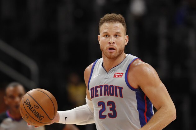 Detroit Pistons forward Blake Griffin brings the ball up court during the first half of an NBA basketball game, Monday, Nov. 25, 2019, in Detroit. (AP Photo/Carlos Osorio)