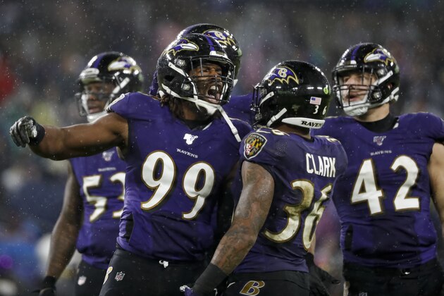 BALTIMORE, MD - DECEMBER 29: Matt Judon #99 of the Baltimore Ravens celebrates with teammates after a play against the Pittsburgh Steelers during the second half at M&T Bank Stadium on December 29, 2019 in Baltimore, Maryland. (Photo by Scott Taetsch/Getty Images)