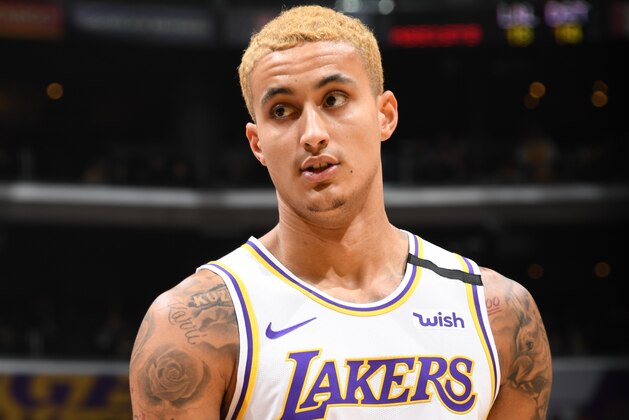 LOS ANGELES, CA - JANUARY 5: Kyle Kuzma #0 of the Los Angeles Lakers looks on during the game against the Detroit Pistons on January 5, 2020 at STAPLES Center in Los Angeles, California. NOTE TO USER: User expressly acknowledges and agrees that, by downloading and/or using this Photograph, user is consenting to the terms and conditions of the Getty Images License Agreement. Mandatory Copyright Notice: Copyright 2020 NBAE (Photo by Andrew D. Bernstein/NBAE via Getty Images)