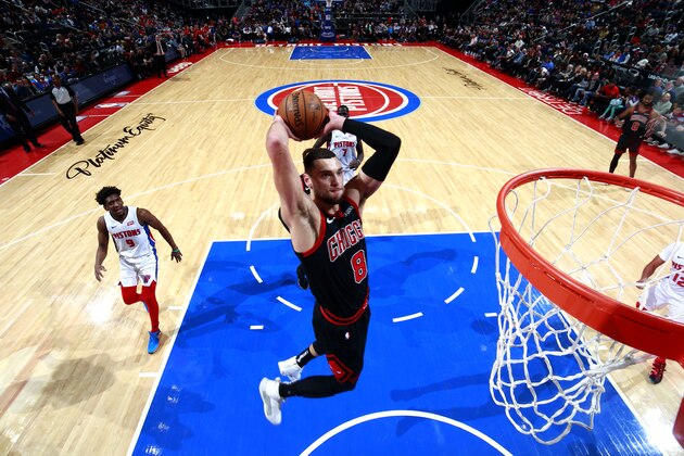 DETROIT, MI - DECEMBER 21: Zach LaVine #8 of the Chicago Bulls goes up for a dunk during a game against the Detroit Pistons on December 21, 2019 at Little Caesars Arena in Detroit, Michigan. NOTE TO USER: User expressly acknowledges and agrees that, by downloading and/or using this photograph, User is consenting to the terms and conditions of the Getty Images License Agreement. Mandatory Copyright Notice: Copyright 2019 NBAE (Photo by Brian Sevald/NBAE via Getty Images) DETROIT, MI - DECEMBER 21: Zach LaVine #8 of the Chicago Bulls goes up for a dunk during a game against the Detroit Pistons on December 21, 2019 at Little Caesars Arena in Detroit, Michigan. NOTE TO USER: User expressly acknowledges and agrees that, by downloading and/or using this photograph, User is consenting to the terms and conditions of the Getty Images License Agreement. Mandatory Copyright Notice: Copyright 2019 NBAE (Photo by Brian Sevald/NBAE via Getty Images)