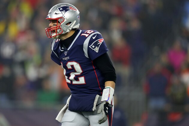 FOXBOROUGH, MASSACHUSETTS - JANUARY 04: Tom Brady #12 of the New England Patriots reacts in frustration during the the AFC Wild Card Playoff game against the Tennessee Titans at Gillette Stadium on January 04, 2020 in Foxborough, Massachusetts. (Photo by Maddie Meyer/Getty Images)
