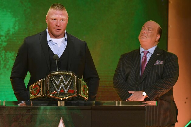 LAS VEGAS, NEVADA - OCTOBER 11: WWE champion Brock Lesnar (L) speaks during a WWE news conference as his advocate Paul Heyman looks on at T-Mobile Arena on October 11, 2019 in Las Vegas, Nevada. Lesnar will face former UFC heavyweight champion Cain Velasquez and WWE wrestler Braun Strowman will take on heavyweight boxer Tyson Fury at the WWE's Crown Jewel event at Fahd International Stadium in Riyadh, Saudi Arabia on October 31. (Photo by Ethan Miller/Getty Images) LAS VEGAS, NEVADA - OCTOBER 11: WWE champion Brock Lesnar (L) speaks during a WWE news conference as his advocate Paul Heyman looks on at T-Mobile Arena on October 11, 2019 in Las Vegas, Nevada. Lesnar will face former UFC heavyweight champion Cain Velasquez and WWE wrestler Braun Strowman will take on heavyweight boxer Tyson Fury at the WWE's Crown Jewel event at Fahd International Stadium in Riyadh, Saudi Arabia on October 31. (Photo by Ethan Miller/Getty Images)