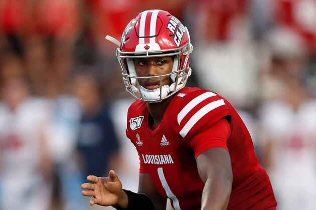 Louisiana Lafayette quarterback Levi Lewis (1) during an NCAA college football game against Liberty, Saturday, September 7, 2019, in Lafayette, La. (AP Photo/Tyler Kaufman)