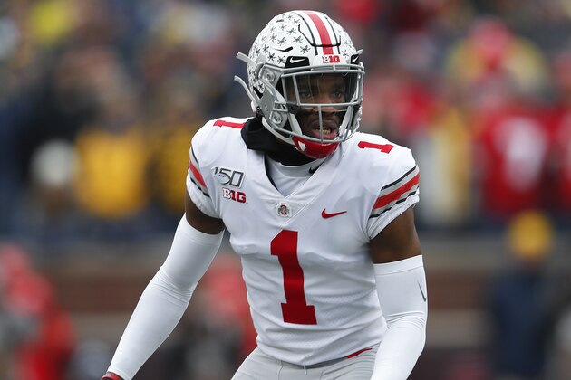 Ohio State cornerback Jeff Okudah plays against Michigan in the first half of an NCAA college football game in Ann Arbor, Mich., Saturday, Nov. 30, 2019. (AP Photo/Paul Sancya)