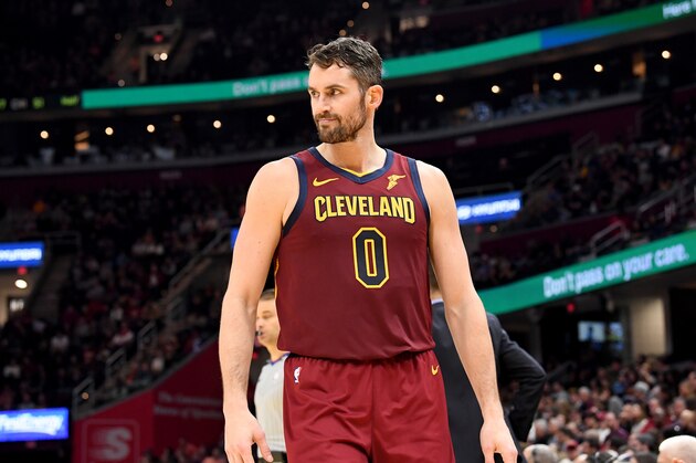 CLEVELAND, OHIO - JANUARY 02: Kevin Love #0 of the Cleveland Cavaliers reacts during the second half against the Charlotte Hornets at Rocket Mortgage Fieldhouse on January 02, 2020 in Cleveland, Ohio. The Hornets defeated the Cavaliers 109-106. NOTE TO USER: User expressly acknowledges and agrees that, by downloading and/or using this photograph, user is consenting to the terms and conditions of the Getty Images License Agreement. (Photo by Jason Miller/Getty Images)