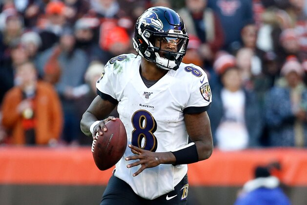 CLEVELAND, OH - DECEMBER 22:  Lamar Jackson #8 of the Baltimore Ravens looks to throw the ball during the game against the Cleveland Browns at FirstEnergy Stadium on December 22, 2019 in Cleveland, Ohio. Baltimore defeated Cleveland 31-15. (Photo by Kirk Irwin/Getty Images)