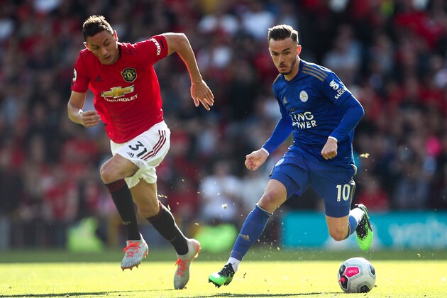 MANCHESTER, ENGLAND - SEPTEMBER 14: Nemanja Matic of Manchester United and James Maddison of Leicester City during the Premier League match between Manchester United and Leicester City at Old Trafford on September 14, 2019 in Manchester, United Kingdom. (Photo by Robbie Jay Barratt - AMA/Getty Images)