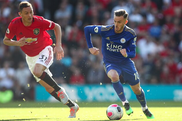MANCHESTER, ENGLAND - SEPTEMBER 14: James Maddison of Leicester City during the Premier League match between Manchester United and Leicester City at Old Trafford on September 14, 2019 in Manchester, United Kingdom. (Photo by Robbie Jay Barratt - AMA/Getty Images)