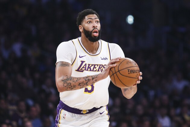 Los Angeles Lakers' Anthony Davis (3) looks to pass the ball during an NBA basketball game between Los Angeles Lakers and Minnesota Timberwolves, Sunday, Dec. 8, 2019, in Los Angeles. The Lakers won 142-125. (AP Photo/Ringo H.W. Chiu)