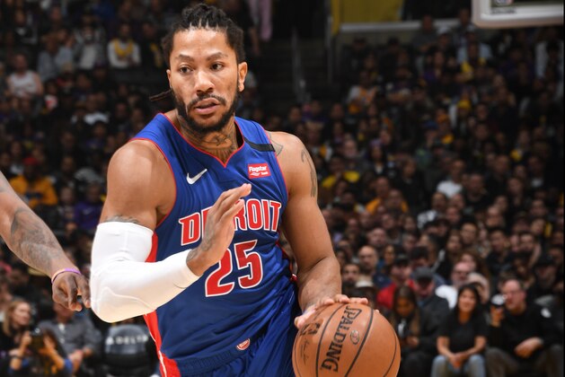 LOS ANGELES, CA - JANUARY 5: Derrick Rose #25 of the Detroit Pistons handles the ball against the Los Angeles Lakers on January 5, 2020 at STAPLES Center in Los Angeles, California. NOTE TO USER: User expressly acknowledges and agrees that, by downloading and/or using this Photograph, user is consenting to the terms and conditions of the Getty Images License Agreement. Mandatory Copyright Notice: Copyright 2020 NBAE (Photo by Andrew D. Bernstein/NBAE via Getty Images)