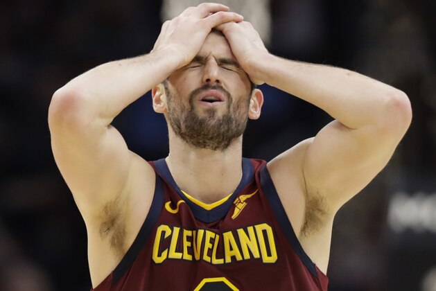 Cleveland Cavaliers' Kevin Love reacts after missing a three-point basket late in the second half of an NBA basketball game against the Charlotte Hornets, Thursday, Jan. 2, 2020, in Cleveland. (AP Photo/Tony Dejak)
