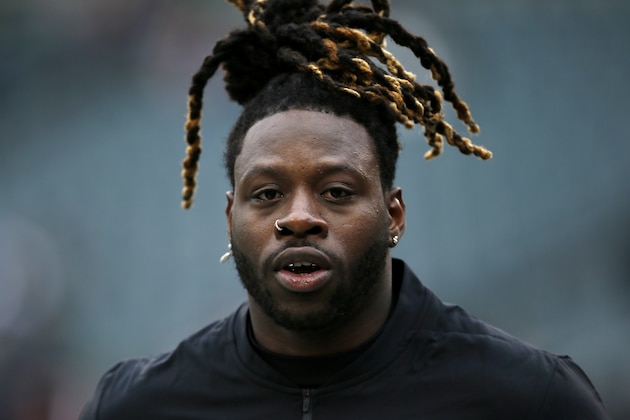 Philadelphia Eagles' Jay Ajayi warms up before an NFL football game against the New England Patriots, Sunday, Nov. 17, 2019, in Philadelphia. (AP Photo/Michael Perez)