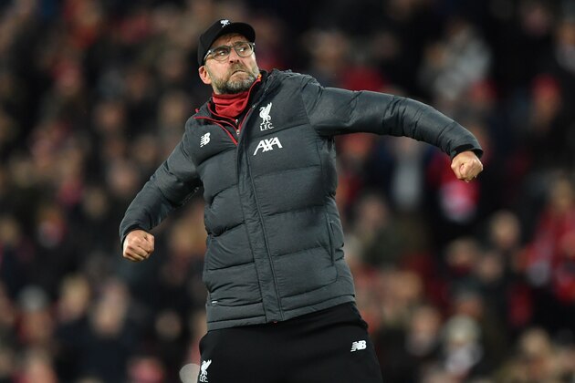 Liverpool's German manager Jurgen Klopp celebrates on the pitch after the English FA Cup third round football match between Liverpool and Everton at Anfield in Liverpool, north west England on January 5, 2020. - Liverpool won the game 1-0. (Photo by Paul ELLIS / AFP) / RESTRICTED TO EDITORIAL USE. No use with unauthorized audio, video, data, fixture lists, club/league logos or 'live' services. Online in-match use limited to 120 images. An additional 40 images may be used in extra time. No video emulation. Social media in-match use limited to 120 images. An additional 40 images may be used in extra time. No use in betting publications, games or single club/league/player publications. / (Photo by PAUL ELLIS/AFP via Getty Images) Liverpool's German manager Jurgen Klopp celebrates on the pitch after the English FA Cup third round football match between Liverpool and Everton at Anfield in Liverpool, north west England on January 5, 2020. - Liverpool won the game 1-0. (Photo by Paul ELLIS / AFP) / RESTRICTED TO EDITORIAL USE. No use with unauthorized audio, video, data, fixture lists, club/league logos or 'live' services. Online in-match use limited to 120 images. An additional 40 images may be used in extra time. No video emulation. Social media in-match use limited to 120 images. An additional 40 images may be used in extra time. No use in betting publications, games or single club/league/player publications. / (Photo by PAUL ELLIS/AFP via Getty Images)