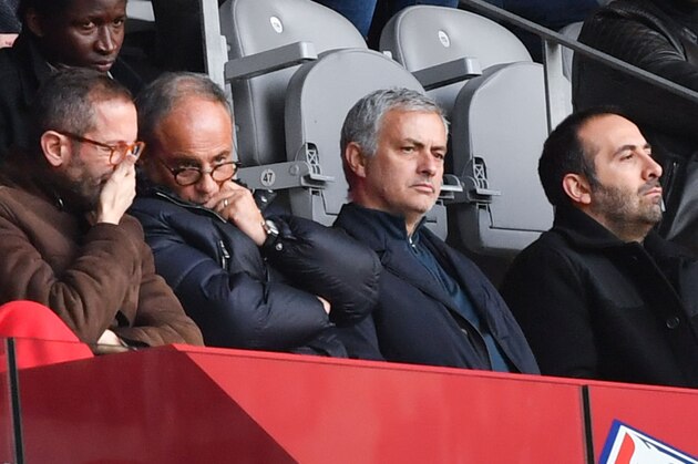 Lille's general manager Marc Ingla (front L) and Lille's Portuguese sports director Luis Campos (front 2L) sit next to former Manchester United manager Jose Mourinho (front 2R) as they watch the French L1 football match Lille (LOSC) vs Montpellier (MHSC) on Februrary 17, 2019 at the Pierre Mauroy Stadium in Villeneuve-d'Ascq, northern France. (Photo by PHILIPPE HUGUEN / AFP) (Photo credit should read PHILIPPE HUGUEN/AFP via Getty Images) Lille's general manager Marc Ingla (front L) and Lille's Portuguese sports director Luis Campos (front 2L) sit next to former Manchester United manager Jose Mourinho (front 2R) as they watch the French L1 football match Lille (LOSC) vs Montpellier (MHSC) on Februrary 17, 2019 at the Pierre Mauroy Stadium in Villeneuve-d'Ascq, northern France. (Photo by PHILIPPE HUGUEN / AFP) (Photo credit should read PHILIPPE HUGUEN/AFP via Getty Images)