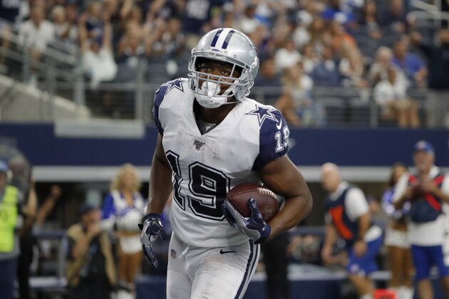 Dallas Cowboys wide receiver Amari Cooper runs into the end zone during the second half of an NFL football game against the Miami Dolphins in Arlington, Texas, Sunday, Sept. 22, 2019. Dallas beat Miami 31-6. (AP Photo/Roger Steinman)