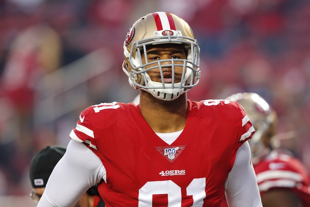 San Francisco 49ers defensive end Arik Armstead before an NFL football game against the Los Angeles Rams in Santa Clara, Calif., Saturday, Dec. 21, 2019. (AP Photo/John Hefti)