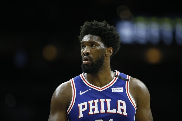 Philadelphia 76ers' Joel Embiid plays during an NBA basketball game against the Oklahoma City Thunder, Monday, Jan. 6, 2020, in Philadelphia. (AP Photo/Matt Slocum)