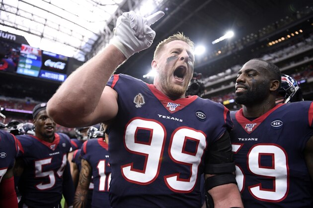 Houston Texans defensive end J.J. Watt (99) encourages teammates before an NFL wild-card playoff football game against the Buffalo Bills Saturday, Jan. 4, 2020, in Houston. (AP Photo/Eric Christian Smith)