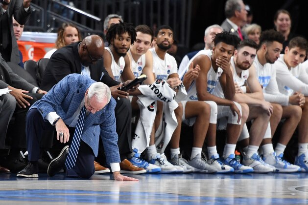 LAS VEGAS, NEVADA - DECEMBER 21:  Head coach Roy Williams of the North Carolina Tar Heels reacts after his players turned the ball over against the UCLA Bruins during the CBS Sports Classic at T-Mobile Arena on December 21, 2019 in Las Vegas, Nevada. The Tar Heels defeated the Bruins 74-64.  (Photo by Ethan Miller/Getty Images)