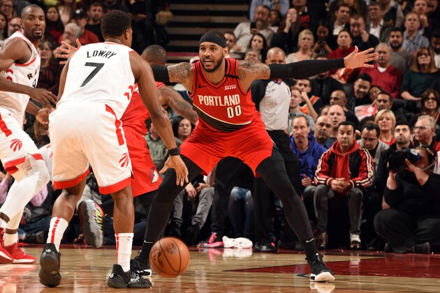 TORONTO, CANADA - JANUARY 7: Carmelo Anthony #00 of the Portland Trail Blazers plays defense during the game against the Toronto Raptors on January 7, 2020 at the Scotiabank Arena in Toronto, Ontario, Canada. NOTE TO USER: User expressly acknowledges and agrees that, by downloading and or using this Photograph, user is consenting to the terms and conditions of the Getty Images License Agreement. Mandatory Copyright Notice: Copyright 2020 NBAE (Photo by Ron Turenne/NBAE via Getty Images) TORONTO, CANADA - JANUARY 7: Carmelo Anthony #00 of the Portland Trail Blazers plays defense during the game against the Toronto Raptors on January 7, 2020 at the Scotiabank Arena in Toronto, Ontario, Canada. NOTE TO USER: User expressly acknowledges and agrees that, by downloading and or using this Photograph, user is consenting to the terms and conditions of the Getty Images License Agreement. Mandatory Copyright Notice: Copyright 2020 NBAE (Photo by Ron Turenne/NBAE via Getty Images)