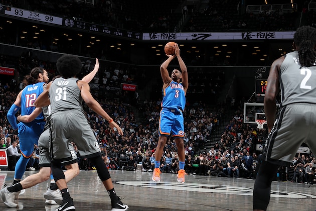 BROOKLYN, NY - JANUARY 7: Chris Paul #3 of the Oklahoma City Thunder shoots the ball against the Brooklyn Nets on January 7, 2020 at Barclays Center in Brooklyn, New York. NOTE TO USER: User expressly acknowledges and agrees that, by downloading and or using this Photograph, user is consenting to the terms and conditions of the Getty Images License Agreement. Mandatory Copyright Notice: Copyright 2020 NBAE (Photo by Nathaniel S. Butler/NBAE via Getty Images)