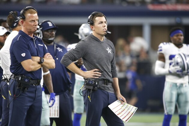 Dallas Cowboys head coach Jason Garrett and offensive coordinator Kellen Moore look on as the Cowboys play the Green Bay Packers in an NFL football game in Arlington, Texas, Sunday, Oct. 6, 2019. (AP Photo/Ron Jenkins)