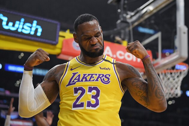 Los Angeles Lakers forward LeBron James gestures after scoring and drawing a foul during the first half of the team's NBA basketball game against the New York Knicks on Tuesday, Jan. 7, 2020, in Los Angeles. (AP Photo/Mark J. Terrill) Los Angeles Lakers forward LeBron James gestures after scoring and drawing a foul during the first half of the team's NBA basketball game against the New York Knicks on Tuesday, Jan. 7, 2020, in Los Angeles. (AP Photo/Mark J. Terrill)