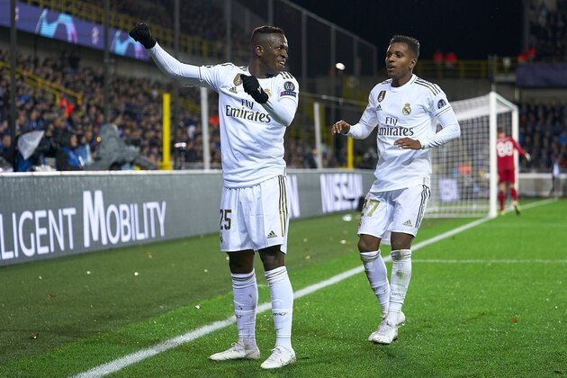 BRUGGE, BELGIUM - DECEMBER 11: Vinicius Jr and Rodrygo of Real Madrid celebrate a goal during the UEFA Champions League group A match between Club Brugge KV and Real Madrid at Jan Breydel Stadium on December 11, 2019 in Brugge, Belgium. (Photo by Quality Sport Images/Getty Images)