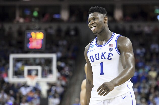 Duke forward Zion Williamson (1) reacts after getting called for a foul against Central Florida during the second half of a second-round game in the NCAA men's college basketball tournament Sunday, March 24, 2019, in Columbia, S.C. Duke defeated Central Florida 77-76. (AP Photo/Sean Rayford)