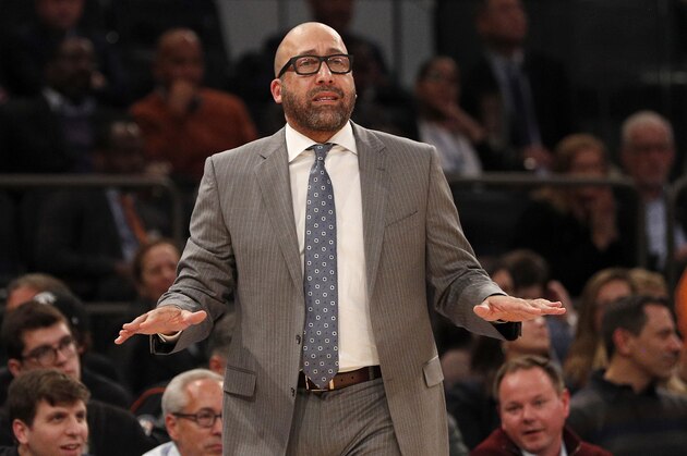 NEW YORK, NEW YORK - NOVEMBER 18: (NEW YORK DAILIES OUT)   Head coach David Fizdale of the New York Knicks in action against the Cleveland Cavaliers at Madison Square Garden on November 18, 2019 in New York City. The Knicks defeated the Cavaliers 123-105. NOTE TO USER: User expressly acknowledges and agrees that, by downloading and or using this photograph, user is consenting to the terms and conditions of the Getty Images License Agreement. (Photo by Jim McIsaac/Getty Images)