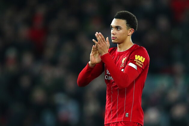 LIVERPOOL, ENGLAND - JANUARY 02: Trent Alexander-Arnold of Liverpool acknowledges the fans after the Premier League match between Liverpool FC and Sheffield United at Anfield on January 02, 2020 in Liverpool, United Kingdom. (Photo by Clive Brunskill/Getty Images)
