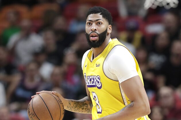 Los Angeles Lakers forward Anthony Davis (3) in action during the first half of an NBA basketball game against the Miami Heat, Friday, Dec. 13, 2019, in Miami. (AP Photo/Lynne Sladky) Los Angeles Lakers forward Anthony Davis (3) in action during the first half of an NBA basketball game against the Miami Heat, Friday, Dec. 13, 2019, in Miami. (AP Photo/Lynne Sladky)
