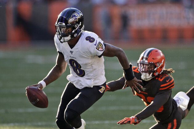 Baltimore Ravens quarterback Lamar Jackson (8) scrambles during the second half of an NFL football game against the Cleveland Browns, Sunday, Dec. 22, 2019, in Cleveland. (AP Photo/Ron Schwane)