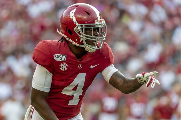 Alabama wide receiver Jerry Jeudy (4) sets up against Mississippi during the second half of an NCAA college football game, Saturday, Sept. 28, 2019, in Tuscaloosa, Ala. (AP Photo/Vasha Hunt)