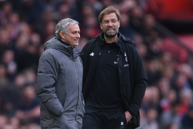 MANCHESTER, ENGLAND - MARCH 10:  Jose Mourinho of Manchester United and Jurgen Klopp of Liverpool look on during the Premier League match between Manchester United and Liverpool at Old Trafford on March 10, 2018 in Manchester, England.  (Photo by Laurence Griffiths/Getty Images)