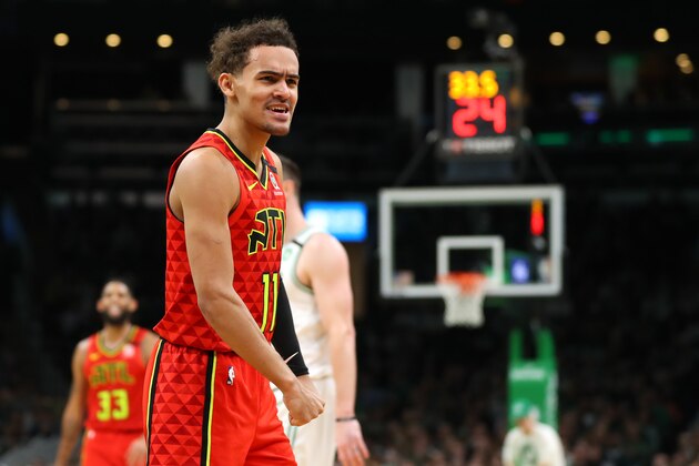 BOSTON, MASSACHUSETTS - JANUARY 03: Trae Young #11 of the Atlanta Hawks celebrates during the second quarter against the Boston Celtics  at TD Garden on January 03, 2020 in Boston, Massachusetts. (Photo by Maddie Meyer/Getty Images)