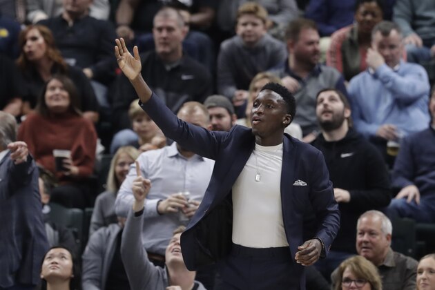 Indiana Pacers' Victor Oladipo watches during the first half of an NBA basketball game against the Denver Nuggets, Thursday, Jan. 2, 2020, in Indianapolis. (AP Photo/Darron Cummings)